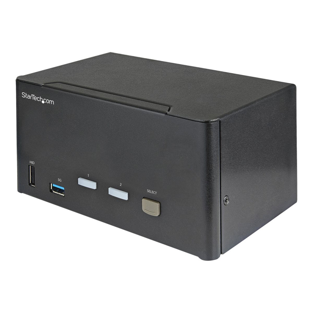Produktbild för StarTech.com 2-ports DisplayPort KVM-switch för tre skärmar - 4K 60 Hz UHD HDR - Desktop DP 1.2 KVM med 2 portar USB 3.0-hubb (5 Gbit/s) och 4x USB 2.0 HID-portar, ljud - Snabbtangenter för omkoppling - TAA - omkopplare för tangentbord/video/mus/ljud - 2 