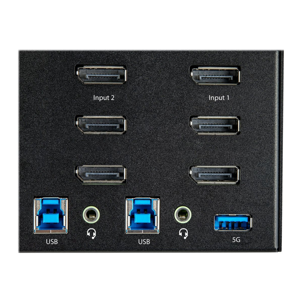 Produktbild för StarTech.com 2-ports DisplayPort KVM-switch för tre skärmar - 4K 60 Hz UHD HDR - Desktop DP 1.2 KVM med 2 portar USB 3.0-hubb (5 Gbit/s) och 4x USB 2.0 HID-portar, ljud - Snabbtangenter för omkoppling - TAA - omkopplare för tangentbord/video/mus/ljud - 2 