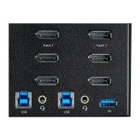 Produktbild för StarTech.com 2-ports DisplayPort KVM-switch för tre skärmar - 4K 60 Hz UHD HDR - Desktop DP 1.2 KVM med 2 portar USB 3.0-hubb (5 Gbit/s) och 4x USB 2.0 HID-portar, ljud - Snabbtangenter för omkoppling - TAA - omkopplare för tangentbord/video/mus/ljud - 2 