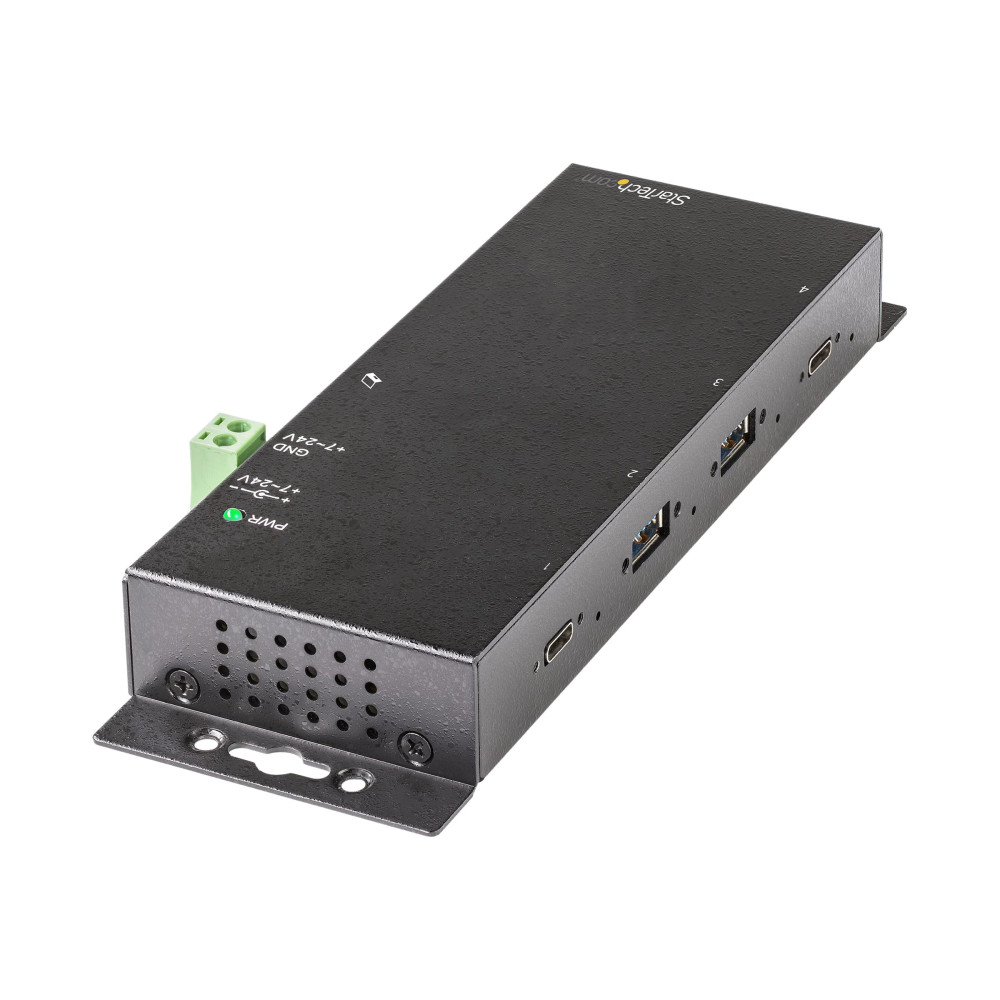 Produktbild för StarTech.com 4-port USB C-hubb 10 Gbps - Industriell USB-C-hubb i metall - 2x USB-C &amp;amp; 2x USB-A - ESD-överspänningsskydd - USB-C eller USB-A-värd - Självdriven monterbar USB 3.1 Gen 2 Type-C-hubb - hubb - 4 portar