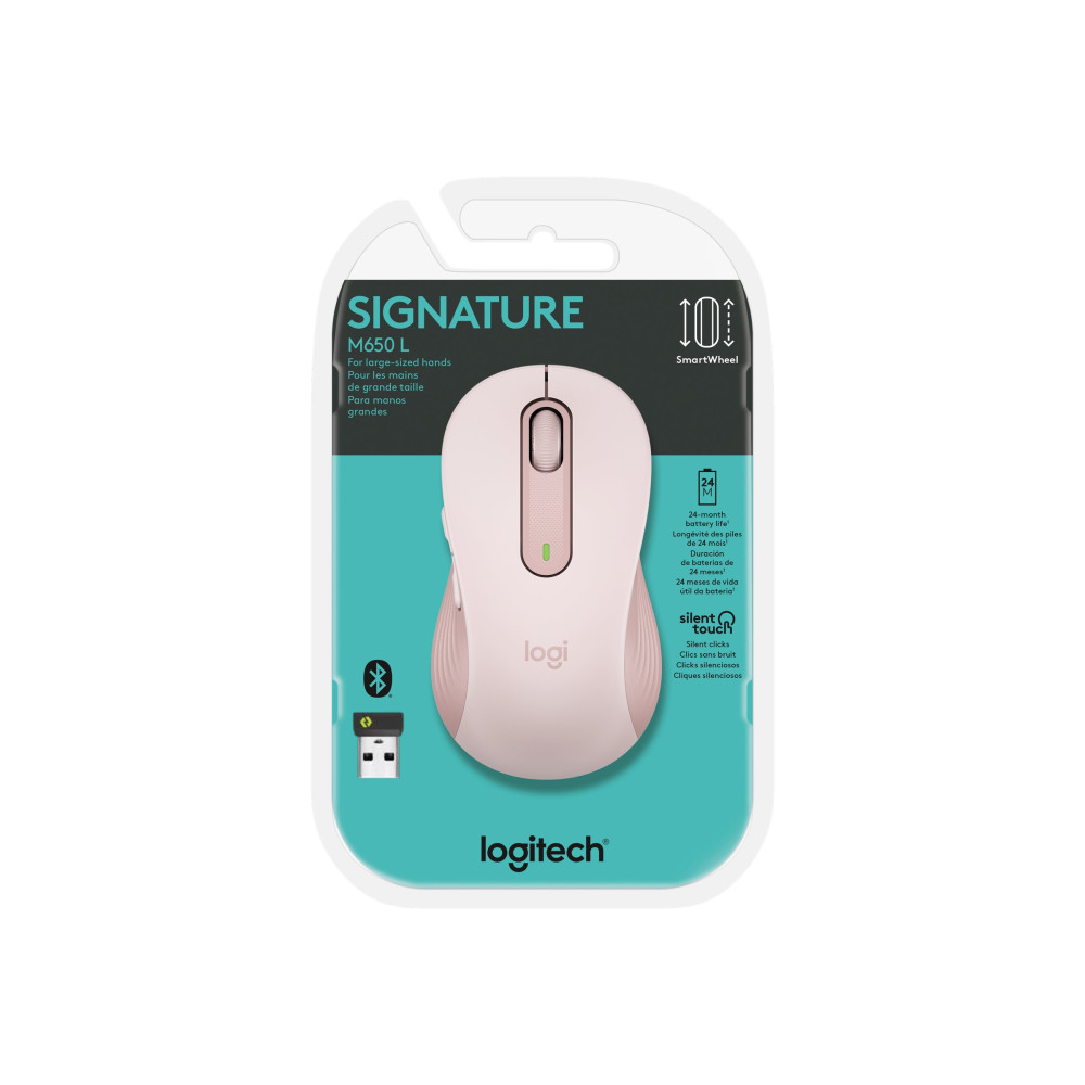 Produktbild för Logitech Signature M650 L - mus - stor storlek - 2.4 GHz, Bluetooth - rosa