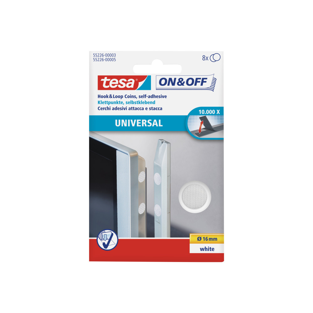 Produktbild för Tesa On & Off - monteringsbindemedel - 1,6 cm diameter - vit (paket om 8)