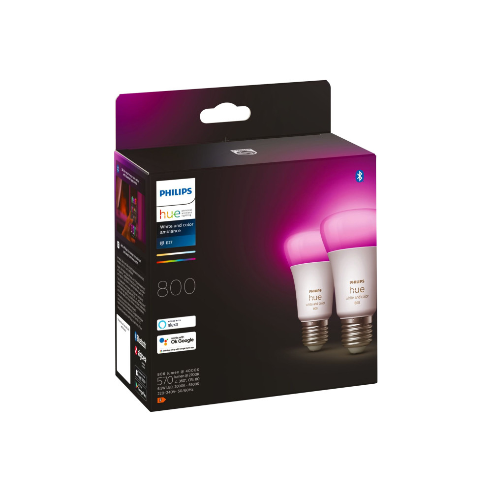 Produktbild för Philips Hue - LED-glödlampa - form: A60 - E27 - 6.5 W - 16 miljoner färger - 2000-6500 K - vit (paket om 2)