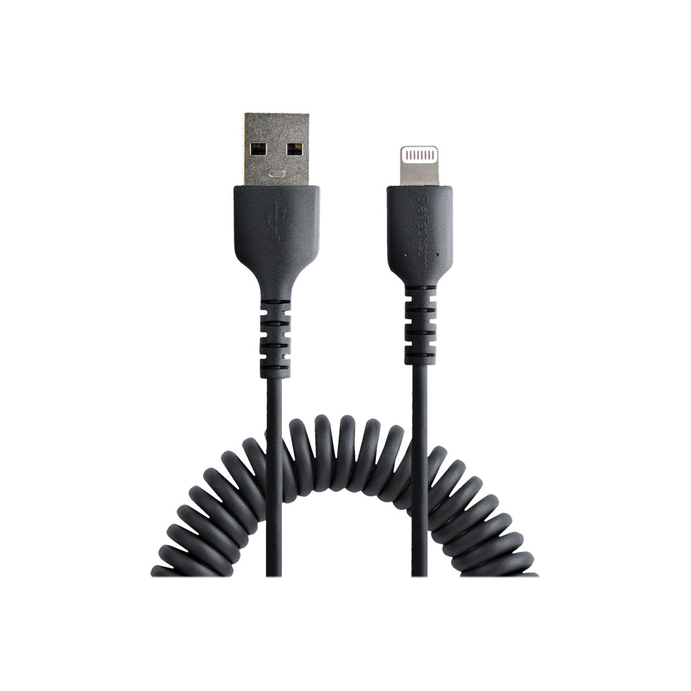 Produktbild för StarTech.com 50 cm USB till Lightning-kabel, MFi-certifierad, iPhone-laddarkabel, svart, TPE-mantel med slitstark aramidfiber, kraftig Lightning-spiralkabel - Lightning-kabel - Lightning / USB - 50 cm