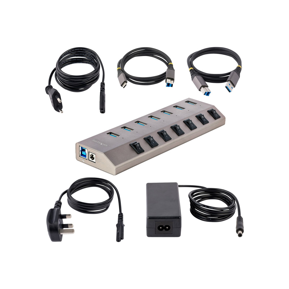 Produktbild för StarTech.com 7-Port Self-Powered USB-C Hub with Individual On/Off Switches, USB 3.0 5Gbps Expansion Hub w/Power Supply, Desktop/Laptop USB-C to USB-A Hub, 7x BC 1.2 (1.5A), USB Type C Hub - USB-C/A Host Cables (5G7AIBS-USB-HUB-EU) - hubb - 7 portar