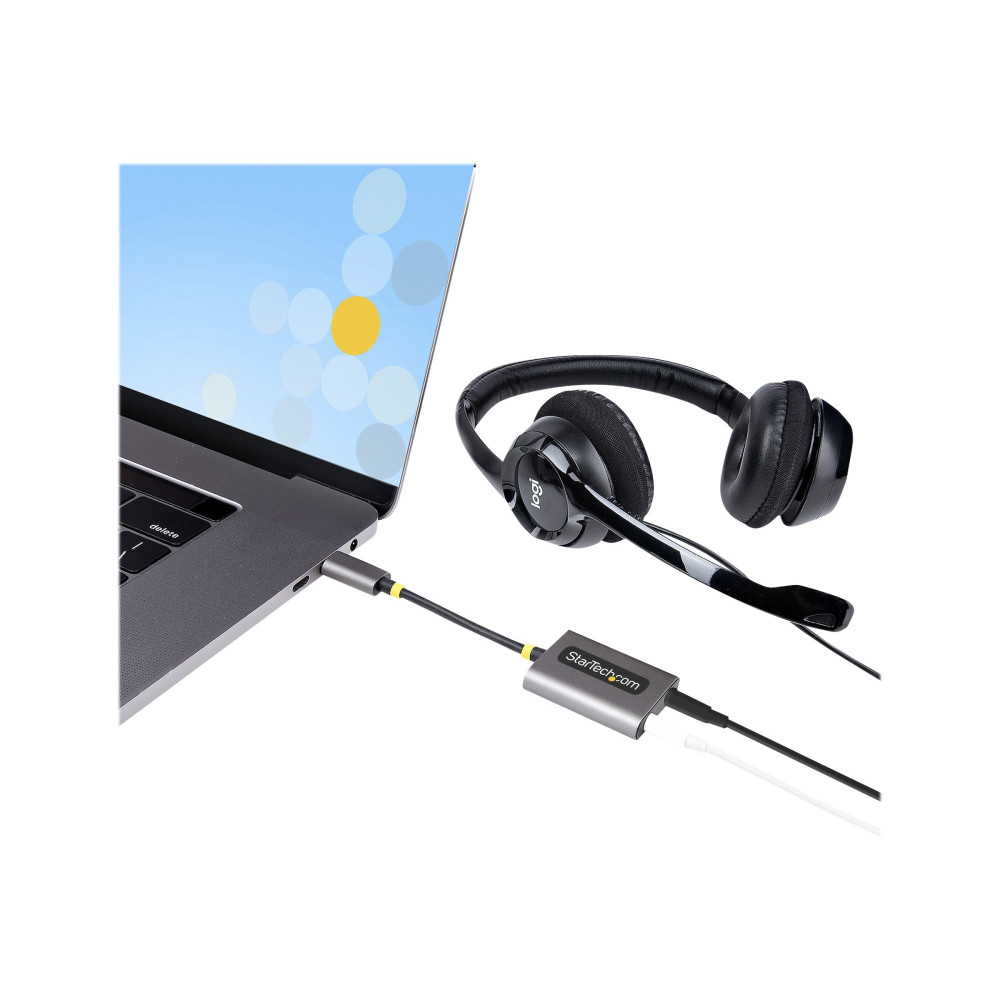 Produktbild för Startech USB-C Headphone Splitter, USB Type C Dual Headset Adapter w/Microphone Input, USB C to 3.5mm Adapter/Earphone Dongle, USB C to Audio Jack/Aux Output - Mic and Headset Controls, Built-in 24-bit DAC (USBC-AUDIO-SPLITTER) - ljudsplitter - 7 cm