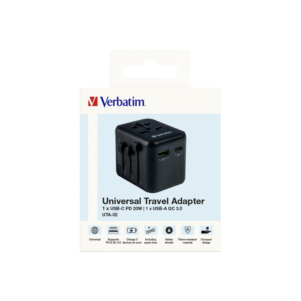 Produktbild för Verbatim UTA-02 strömadapter - USB, BS 1362, USB-C - 20 watt