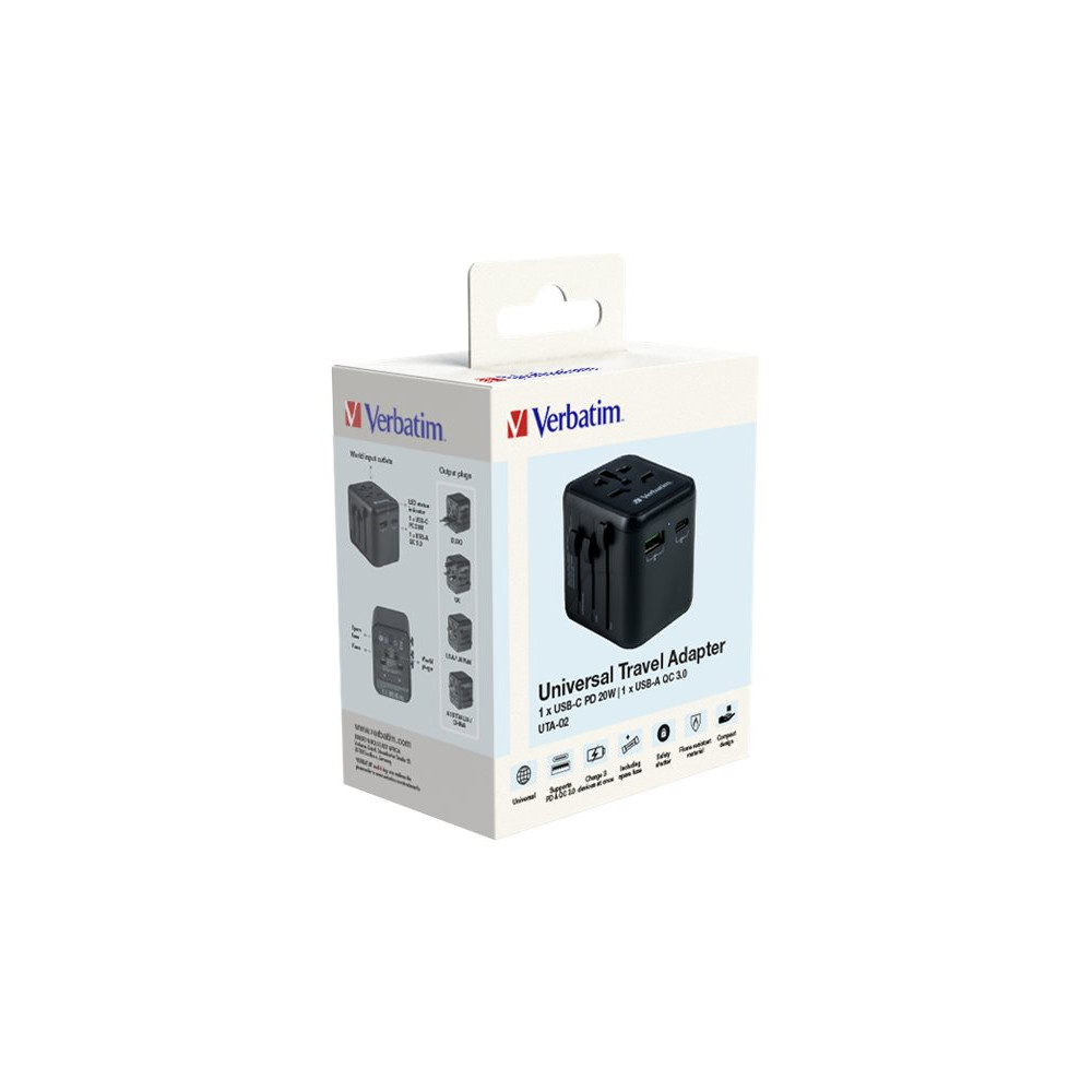 Produktbild för Verbatim UTA-02 strömadapter - USB, BS 1362, USB-C - 20 watt