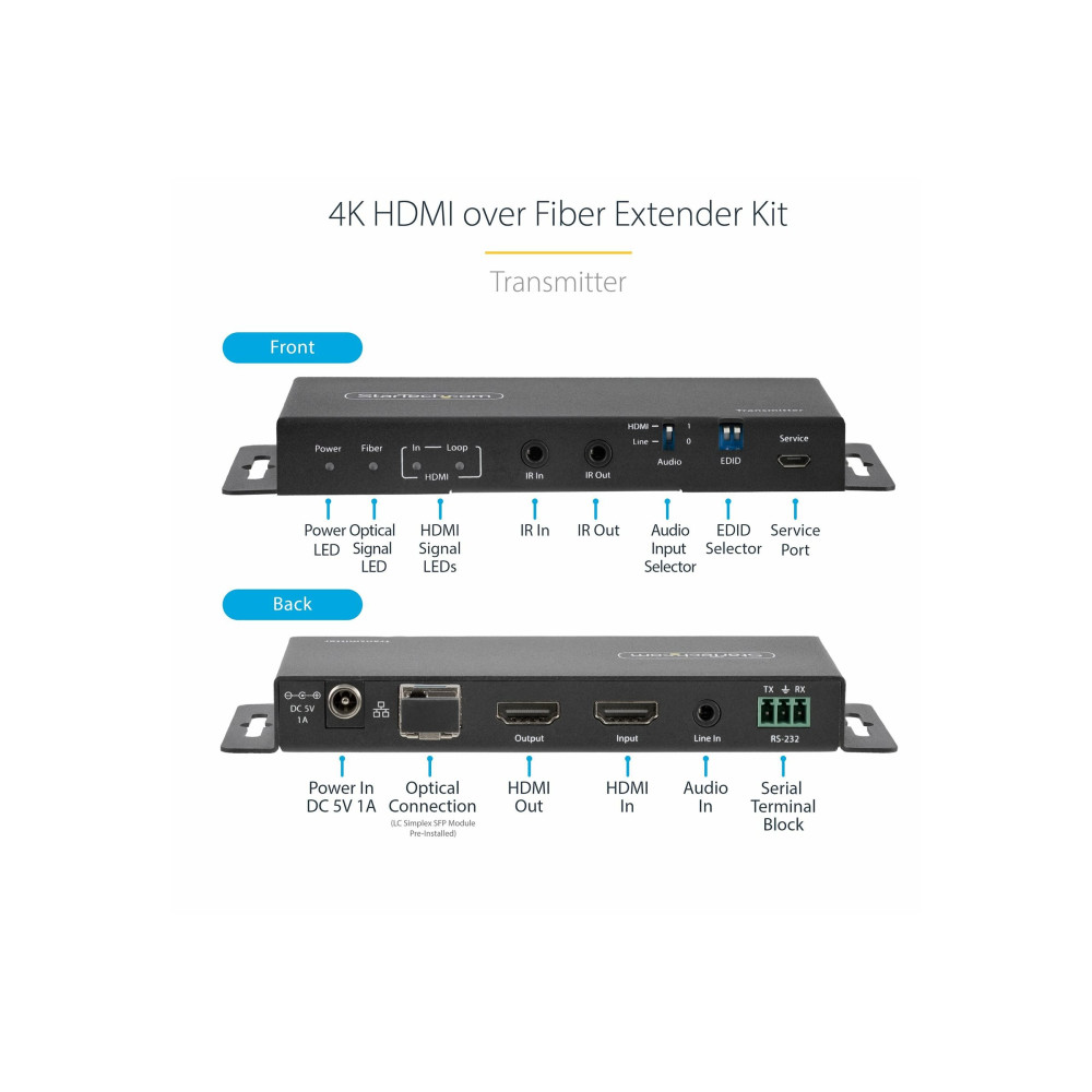 Produktbild för StarTech.com 4K HDMI over Fiber Extender Kit, 4K 60Hz up to 3300ft/1km (Single Mode) or 1000ft/300m (Multimode) LC Fiber Optic, HDR/HDCP, Audio/RS232/IR Extender, HDMI Video Extender - Transmitter and Receiver Kit (ST121HD20FXA2) - video/ljud/infrarröd/nä