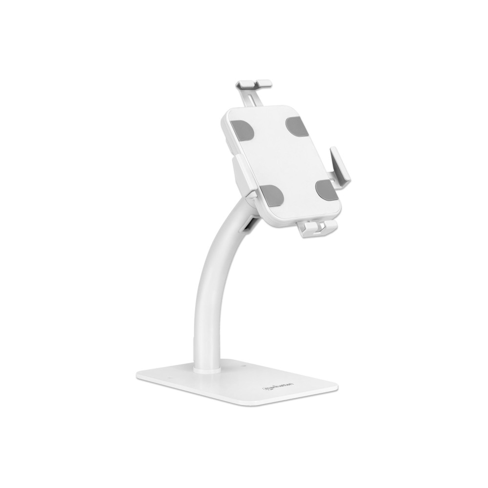 Produktbild för Manhattan Desktop Kiosk Stand (Anti theft) for Tablet and iPad, Universal, 360° Rotation, Tilt +20° to -110°, White, Lockable, Countertop Holder for 7.9" to 11" Tablets, Extendable clamps: height 200 to 246mm/width 129 to 181mm, Lifetime warranty ställ - 