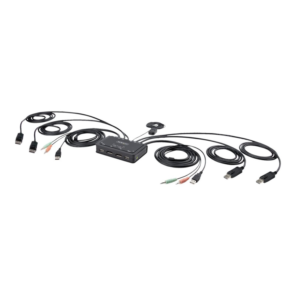 Produktbild för StarTech.com 2-Port Dual-Monitor DisplayPort Cable KVM Switch, 4K 60Hz, Compact KVM with 5ft/1.5m USB-A/DisplayPort/Audio Integrated Cables, Bus Powered - Remote Push Button/Hotkey Switching (C2-DD46-UA2-CBL-KVM) - omkopplare för tangentbord/video/mus/lju