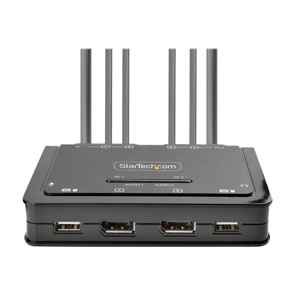 Produktbild för StarTech.com 2-Port Dual-Monitor DisplayPort Cable KVM Switch, 4K 60Hz, Compact KVM with 5ft/1.5m USB-A/DisplayPort/Audio Integrated Cables, Bus Powered - Remote Push Button/Hotkey Switching (C2-DD46-UA2-CBL-KVM) - omkopplare för tangentbord/video/mus/lju