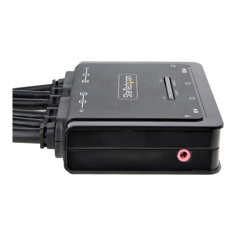 Produktbild för StarTech.com 2-Port Dual-Monitor DisplayPort Cable KVM Switch, 4K 60Hz, Compact KVM with 5ft/1.5m USB-A/DisplayPort/Audio Integrated Cables, Bus Powered - Remote Push Button/Hotkey Switching (C2-DD46-UA2-CBL-KVM) - omkopplare för tangentbord/video/mus/lju