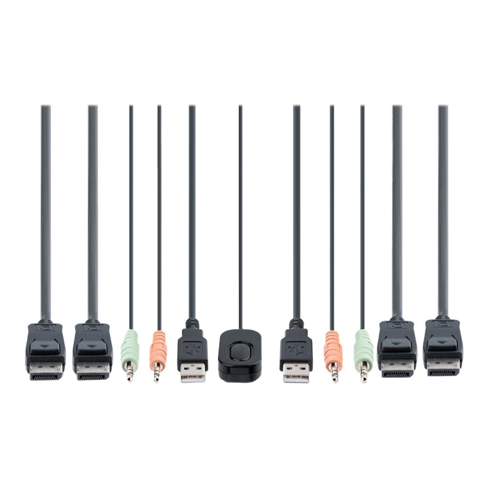 Produktbild för StarTech.com 2-Port Dual-Monitor DisplayPort Cable KVM Switch, 4K 60Hz, Compact KVM with 5ft/1.5m USB-A/DisplayPort/Audio Integrated Cables, Bus Powered - Remote Push Button/Hotkey Switching (C2-DD46-UA2-CBL-KVM) - omkopplare för tangentbord/video/mus/lju