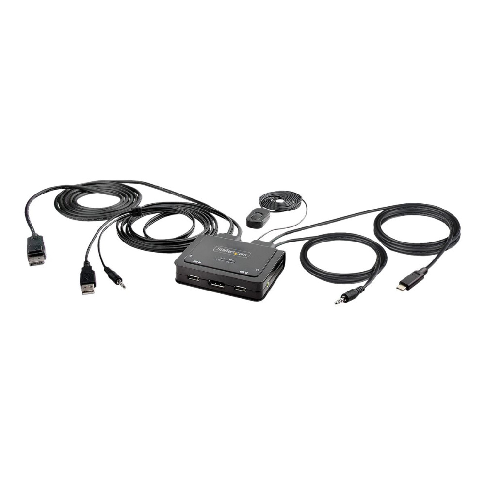 Produktbild för StarTech.com 2-Port Hybrid USB-C DisplayPort Cable KVM Switch, 4K 60Hz, Compact KVM with 6ft/1.8m USB-A/DisplayPort/Audio & 4ft/1.2m USB-C Integrated Host Cables, Bus Powered - Remote Push Button/Hotkey Switching (C2-D46-UAC-CBL-KVM) - omkopplare för tang