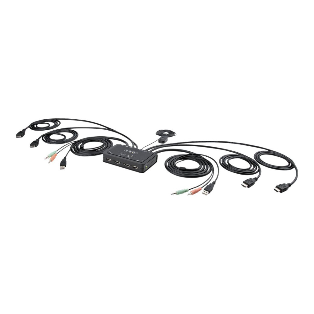 Produktbild för StarTech.com 2-Port Dual-Monitor HDMI Cable KVM Switch, 4K 60Hz, Compact KVM with 5ft/1.5m USB-A/HDMI/Audio Integrated Cables, Bus Powered - Remote Push Button/Hotkey Switching (C2-DH46-UA2-CBL-KVM) - omkopplare för tangentbord/video/mus/ljud/USB - kompak