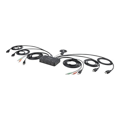 StarTech.com StarTech.com 2-Port Dual-Monitor HDMI Cable KVM Switch, 4K 60Hz, Compact KVM with 5ft/1.5m USB-A/HDMI/Audio Integrated Cables, Bus Powered - Remote Push Button/Hotkey Switching (C2-DH46-UA2-CBL-KVM) - omkopplare för tangentbord/video/mus/ljud/USB - kompak