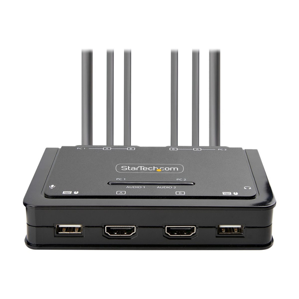 Produktbild för StarTech.com 2-Port Dual-Monitor HDMI Cable KVM Switch, 4K 60Hz, Compact KVM with 5ft/1.5m USB-A/HDMI/Audio Integrated Cables, Bus Powered - Remote Push Button/Hotkey Switching (C2-DH46-UA2-CBL-KVM) - omkopplare för tangentbord/video/mus/ljud/USB - kompak