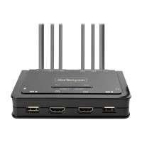 Produktbild för StarTech.com 2-Port Dual-Monitor HDMI Cable KVM Switch, 4K 60Hz, Compact KVM with 5ft/1.5m USB-A/HDMI/Audio Integrated Cables, Bus Powered - Remote Push Button/Hotkey Switching (C2-DH46-UA2-CBL-KVM) - omkopplare för tangentbord/video/mus/ljud/USB - kompak