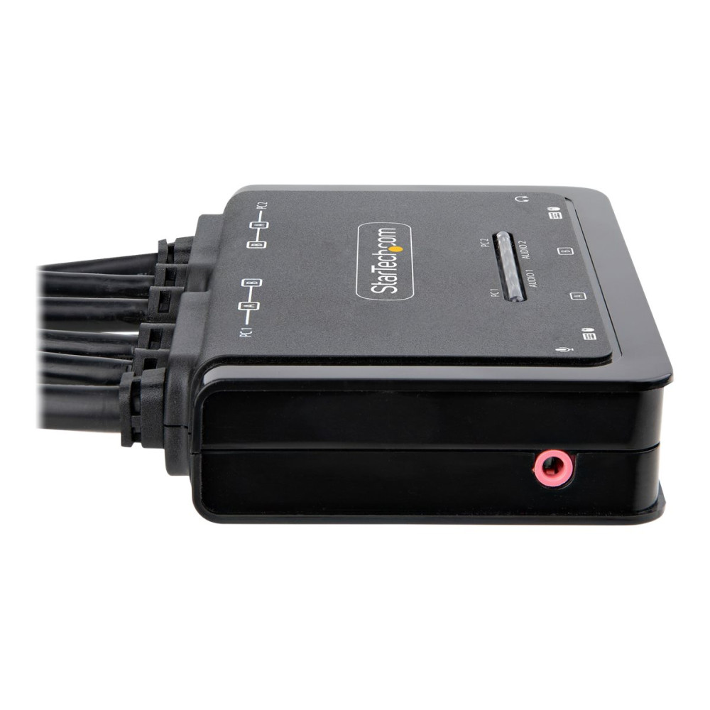 Produktbild för StarTech.com 2-Port Dual-Monitor HDMI Cable KVM Switch, 4K 60Hz, Compact KVM with 5ft/1.5m USB-A/HDMI/Audio Integrated Cables, Bus Powered - Remote Push Button/Hotkey Switching (C2-DH46-UA2-CBL-KVM) - omkopplare för tangentbord/video/mus/ljud/USB - kompak