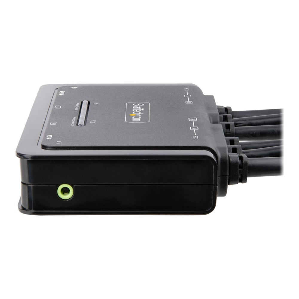 Produktbild för StarTech.com 2-Port Dual-Monitor HDMI Cable KVM Switch, 4K 60Hz, Compact KVM with 5ft/1.5m USB-A/HDMI/Audio Integrated Cables, Bus Powered - Remote Push Button/Hotkey Switching (C2-DH46-UA2-CBL-KVM) - omkopplare för tangentbord/video/mus/ljud/USB - kompak