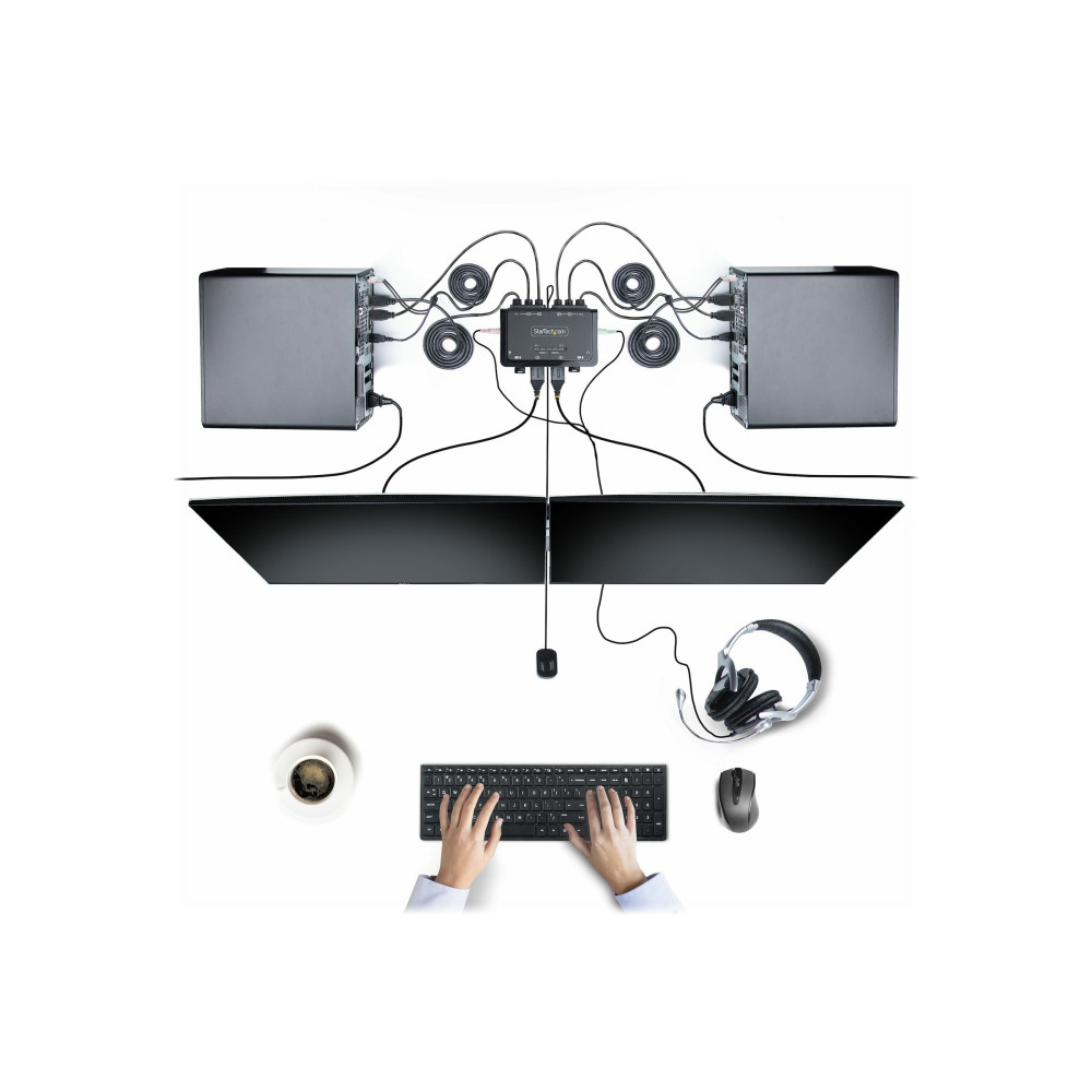 Produktbild för StarTech.com 2-Port Dual-Monitor HDMI Cable KVM Switch, 4K 60Hz, Compact KVM with 5ft/1.5m USB-A/HDMI/Audio Integrated Cables, Bus Powered - Remote Push Button/Hotkey Switching (C2-DH46-UA2-CBL-KVM) - omkopplare för tangentbord/video/mus/ljud/USB - kompak