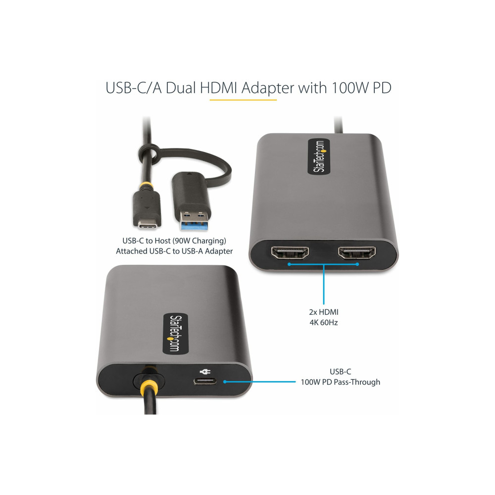 Produktbild för StarTech.com USB-C to Dual-HDMI Adapter, USB-C or A to 2x HDMI, 4K 60Hz, 100W PD Pass-Through, 1ft (30cm) Built-in Cable, External Video Graphics Adapter - USB to HDMI Multi-Monitor Converter for Laptop (109B-USBC-HDMI) - videokort - HDMI / USB - TAA-komp