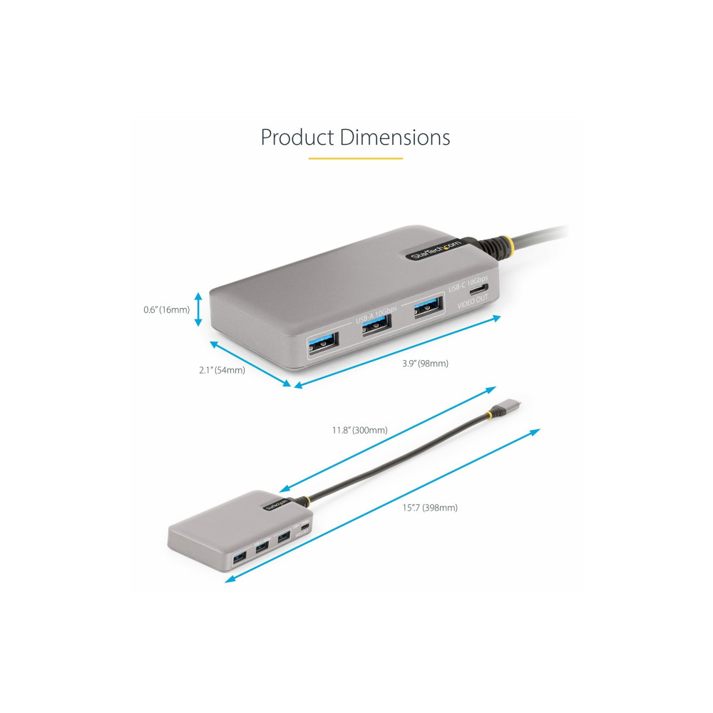 Produktbild för StarTech.com 4-Port USB-C Hub with USB-C DP Alt Mode Video Output 4K 60Hz, 3x USB-A, 1x USB-C, 100W Power Delivery Pass-Through, USB 3.2 Gen 2 (10Gbps), Portable USB Type-C to USB Type-A/C - 1ft (30cm) Host Cable (HB31C3A1CDPPD3) - hubb - 4 portar
