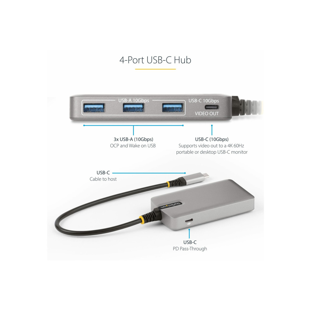 Produktbild för StarTech.com 4-Port USB-C Hub with USB-C DP Alt Mode Video Output 4K 60Hz, 3x USB-A, 1x USB-C, 100W Power Delivery Pass-Through, USB 3.2 Gen 2 (10Gbps), Portable USB Type-C to USB Type-A/C - 1ft (30cm) Host Cable (HB31C3A1CDPPD3) - hubb - 4 portar