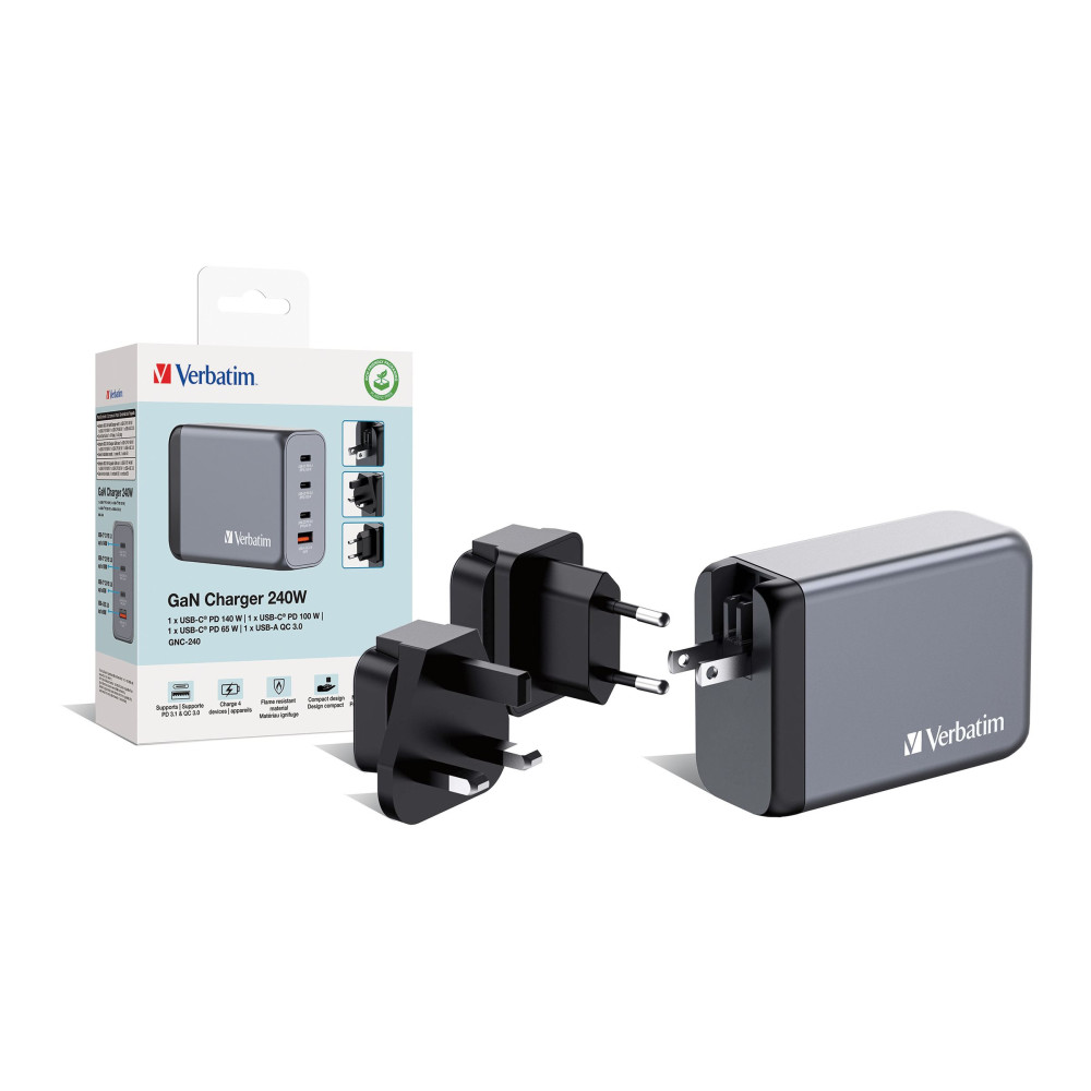 Produktbild för Verbatim strömadapter - GaN - 3 x USB-C, USB typ A - 240 watt