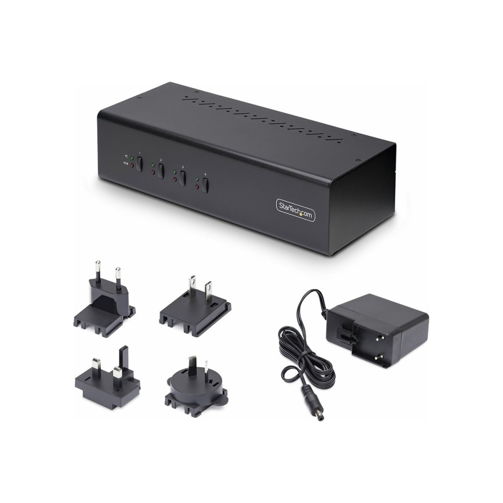 Produktbild för StarTech.com 4-Port Dual-Monitor DisplayPort KVM Switch, 4K 60Hz, 2x USB 5Gbps Hub Ports, 2x USB 2.0 HID Ports, Hotkey and Push-Button Switching, TAA Compliant - 3.5mm Audio, HDCP (P4DD46A2-KVM-SWITCH) - omkopplare för tangentbord/video/mus/ljud - 4 porta