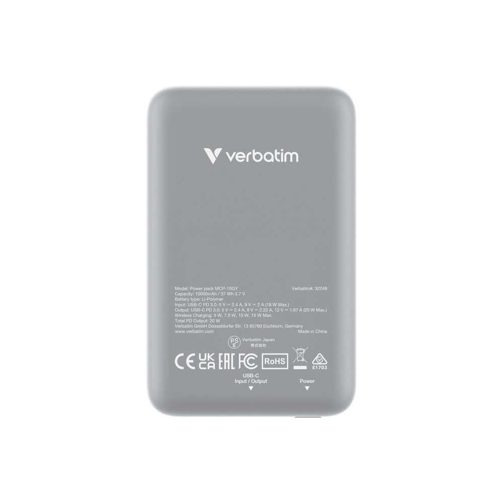 Produktbild för Verbatim Charge 'n' Go trådlös powerbank - magnetfäste - Li-pol - USB-C - 20 Watt