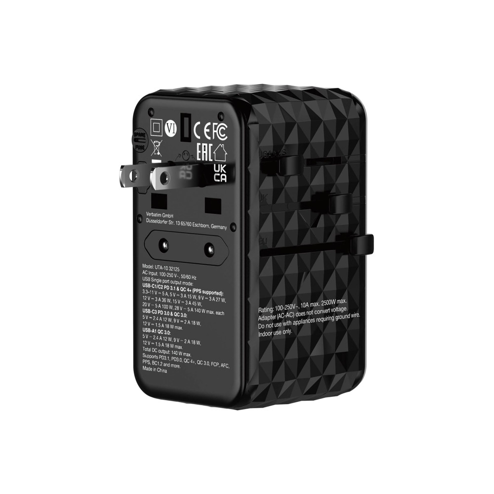 Produktbild för Verbatim UTA-10 strömadapter - GaN III, universell - 3 x USB-C, USB - 140 Watt