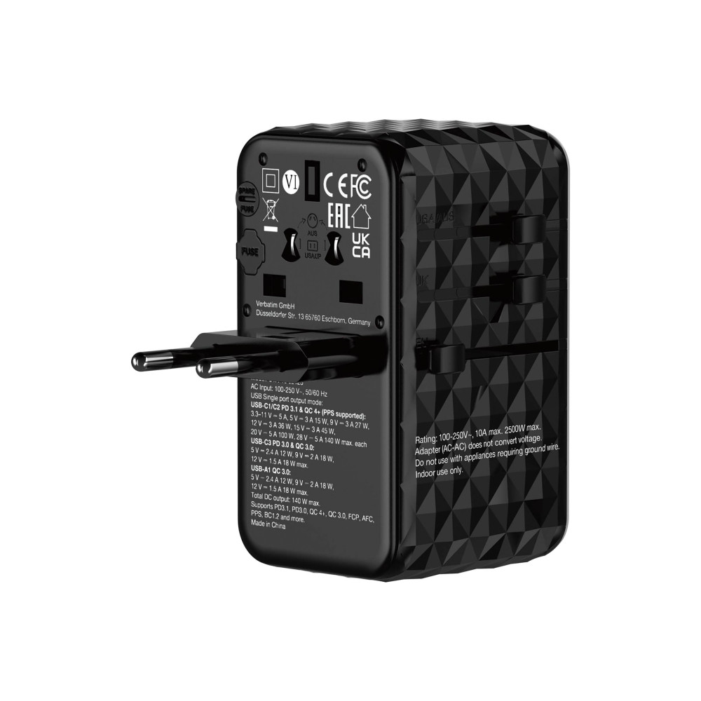 Produktbild för Verbatim UTA-10 strömadapter - GaN III, universell - 3 x USB-C, USB - 140 Watt