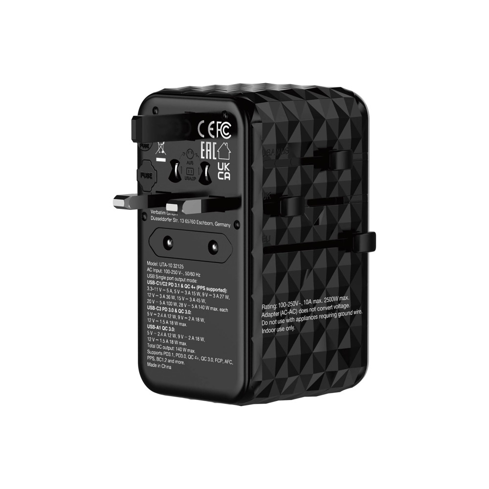 Produktbild för Verbatim UTA-10 strömadapter - GaN III, universell - 3 x USB-C, USB - 140 Watt