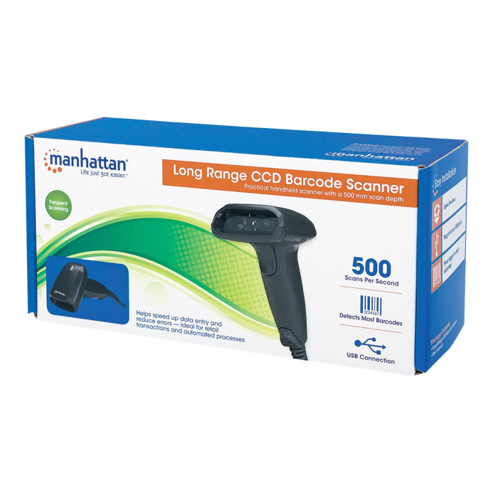 Produktbild för Manhattan Long Range CCD Handheld Barcode Scanner, USB, 500mm Scan Depth, Cable 1.5m, Max Ambient Light 10,000 lux (sunlight), Black, Three Year Warranty, Box - streckkodsskanner