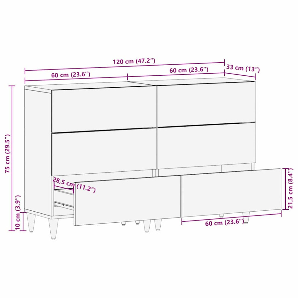 Produktbild för Sideboard med låda 2 pcs Grå 60 x 33 x 75 cm Massivt mangoträ