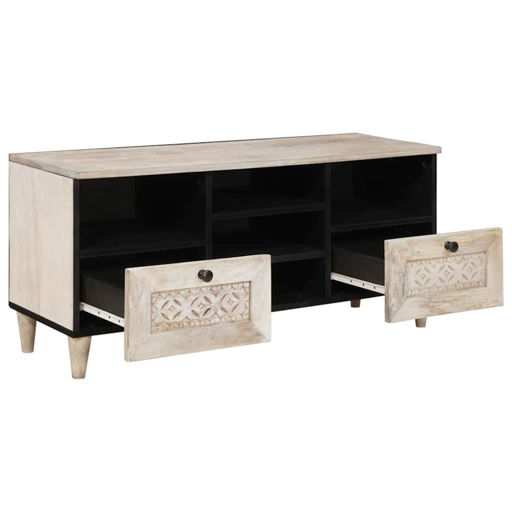 Produktbild för TV-skåp med låda Blekt Vitt 100 x 33 x 46 cm Massivt mangoträ