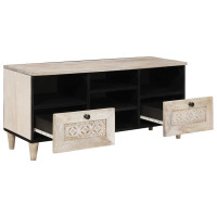 Produktbild för TV-skåp med låda Blekt Vitt 100 x 33 x 46 cm Massivt mangoträ