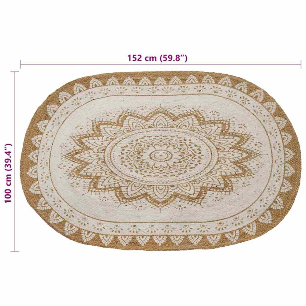 Produktbild för Områdesmattor Blommor Naturlig med vit tryck 100 x 152 cm Jute