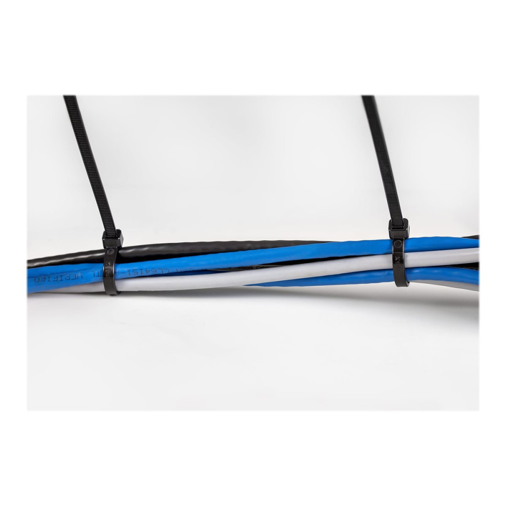 Produktbild för StarTech.com 20cm(8") Cable Ties, 4mm(1/8") wide, 55mm(2-1/8") Bundle Diameter, 22kg(50lb) Tensile Strength, Nylon Self Locking Zip Ties with Curved Tip, 94V-2/UL Listed, 100 Pack, Black - Nylon 66 Plastic - TAA (CBMZT8B) - kabelsamlare - TAA-kompatibel