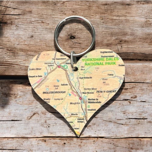 The Sugar Shed OS Map Wooden Heart Key-ring - Yorkshire Dales National Park