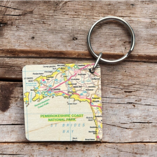 The Sugar Shed OS Map Wooden Square Key-ring - Pembrokeshire Coast National Park