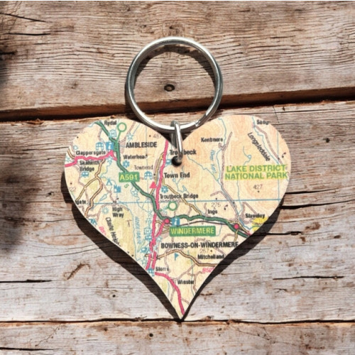 The Sugar Shed OS Map Wooden Heart Key-ring - Lake District National Park