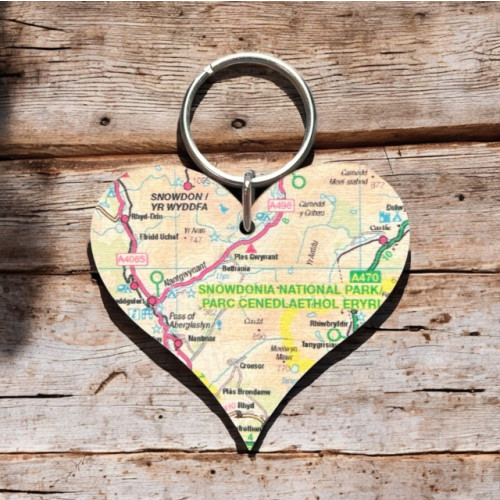 The Sugar Shed OS Map Wooden Heart Key-ring - Snowdonia National Park