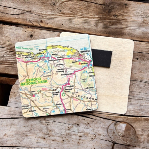 The Sugar Shed OS Map Wooden Square Magnet - Exmoor National Park