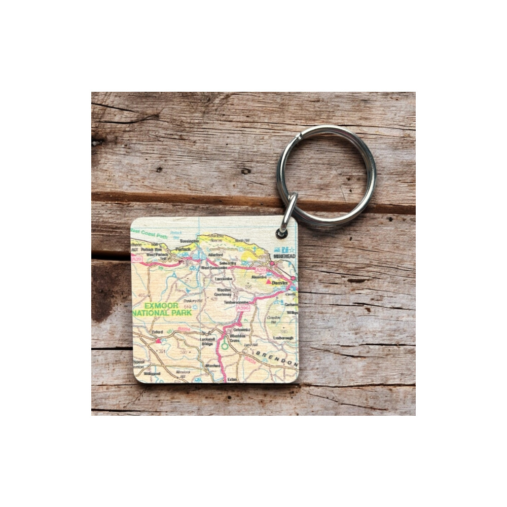 Produktbild för OS Map Wooden Square Key-ring - Exmoor National Park