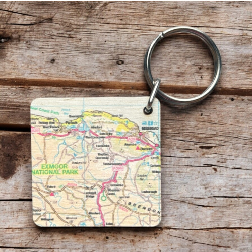 The Sugar Shed OS Map Wooden Square Key-ring - Exmoor National Park