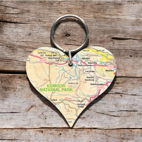 The Sugar Shed OS Map Wooden Heart Key-ring - Exmoor National Park