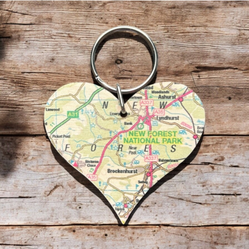 The Sugar Shed OS Map Wooden Heart Key-ring - New Forest National Park